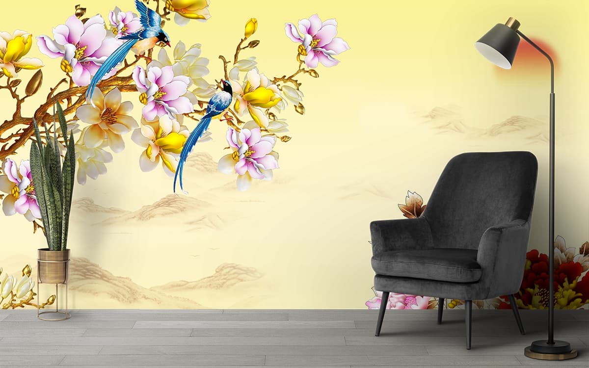 Nature Inspired Flowers and Birds Art Wallpaper shown in a room