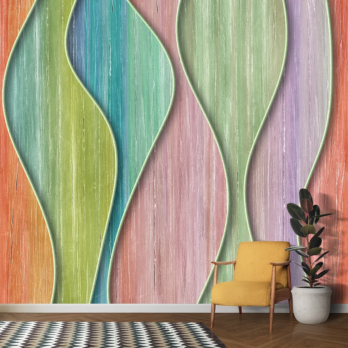 A colorful wavy pattern on a surface shown in a room