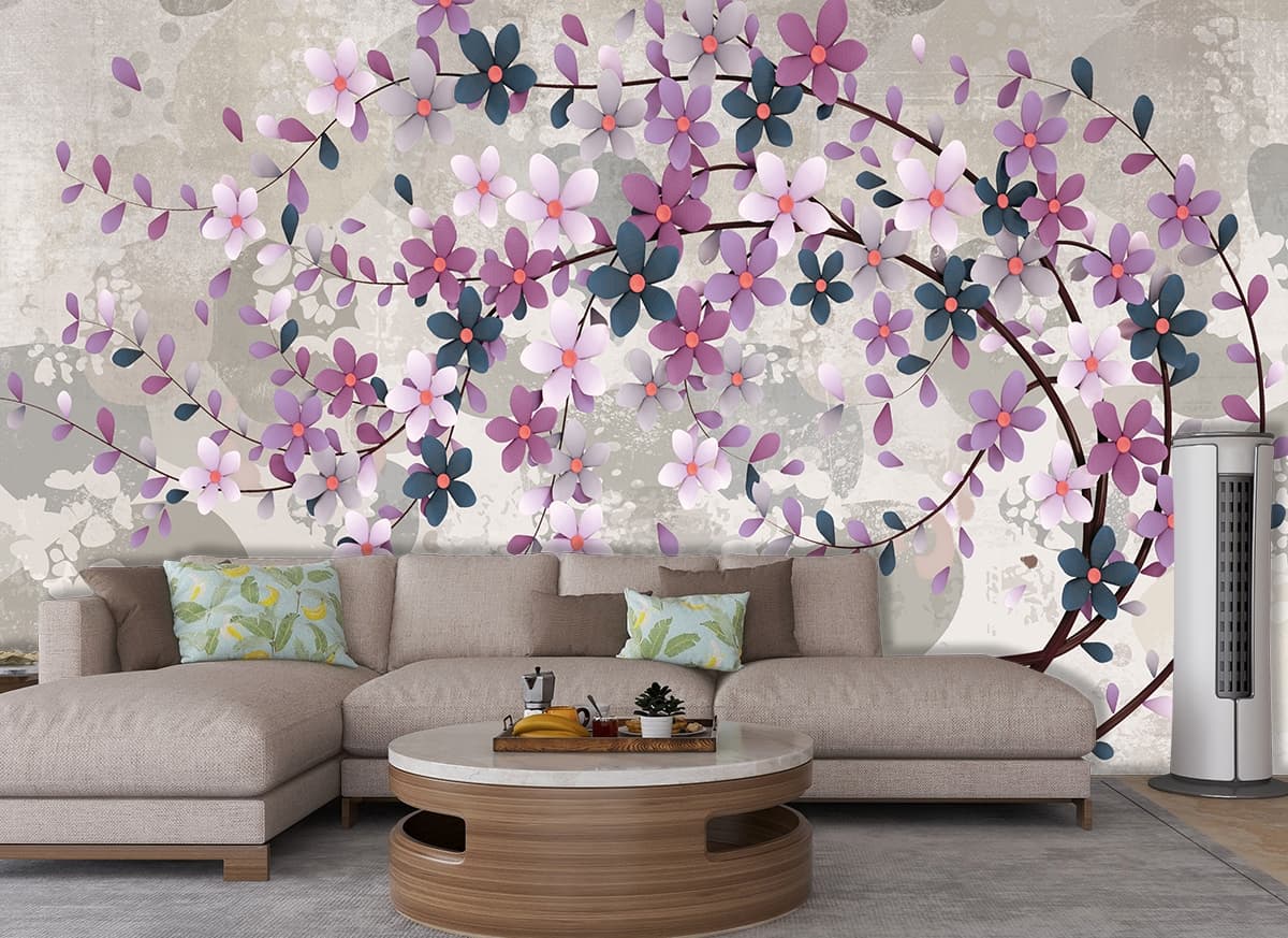 A tree with flowers on it shown in a room