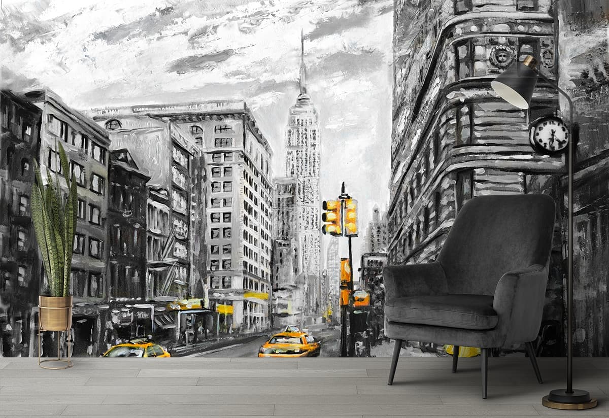 Aesthetic Couple Walking in City Road Scene Wallpaper shown in a room