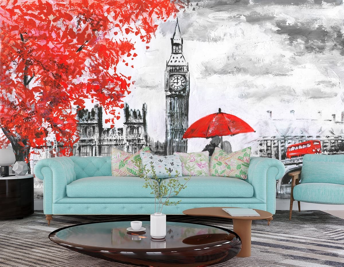 Modern Painting of London Big Ben Wallpaper shown in a room