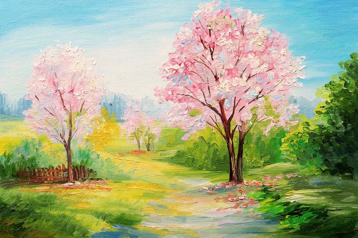 Natural Scenery with Pink Trees and Grass Wallpaper pattern detail