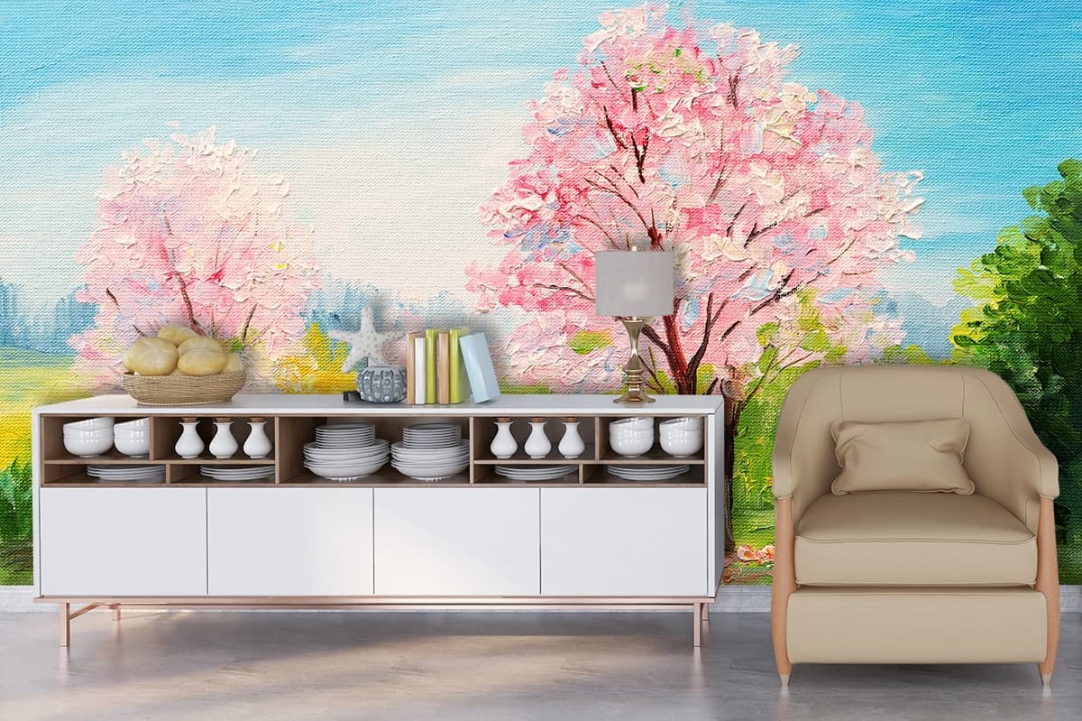 Natural Scenery with Pink Trees and Grass Wallpaper shown in a room