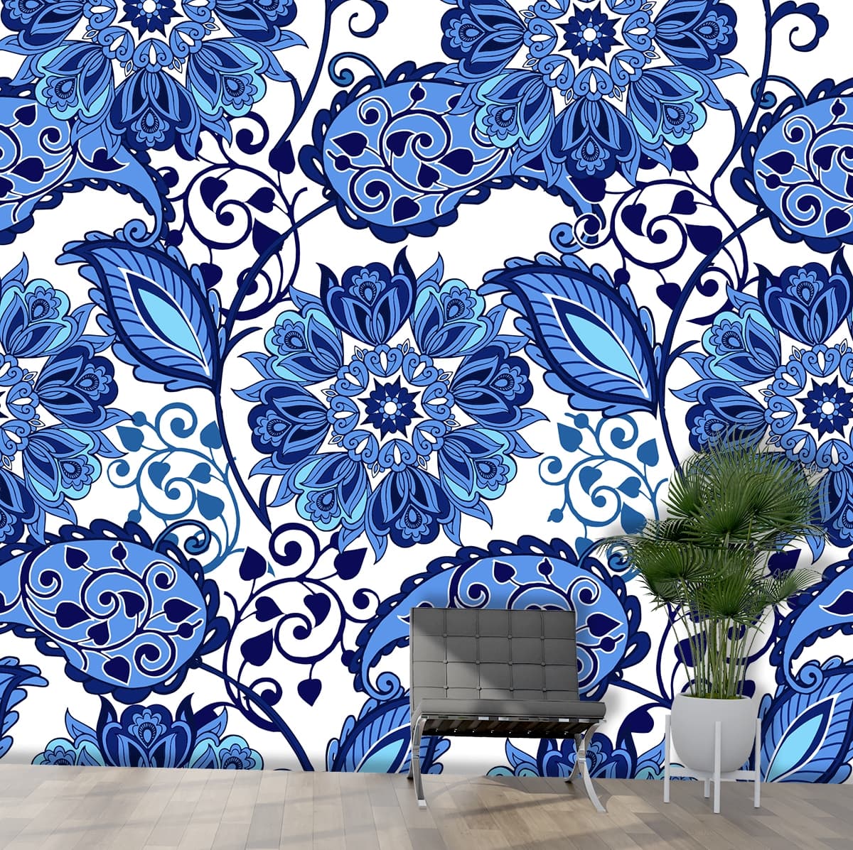 Floral Pattern Wallpaper for Wall in Blue and White shown in a room