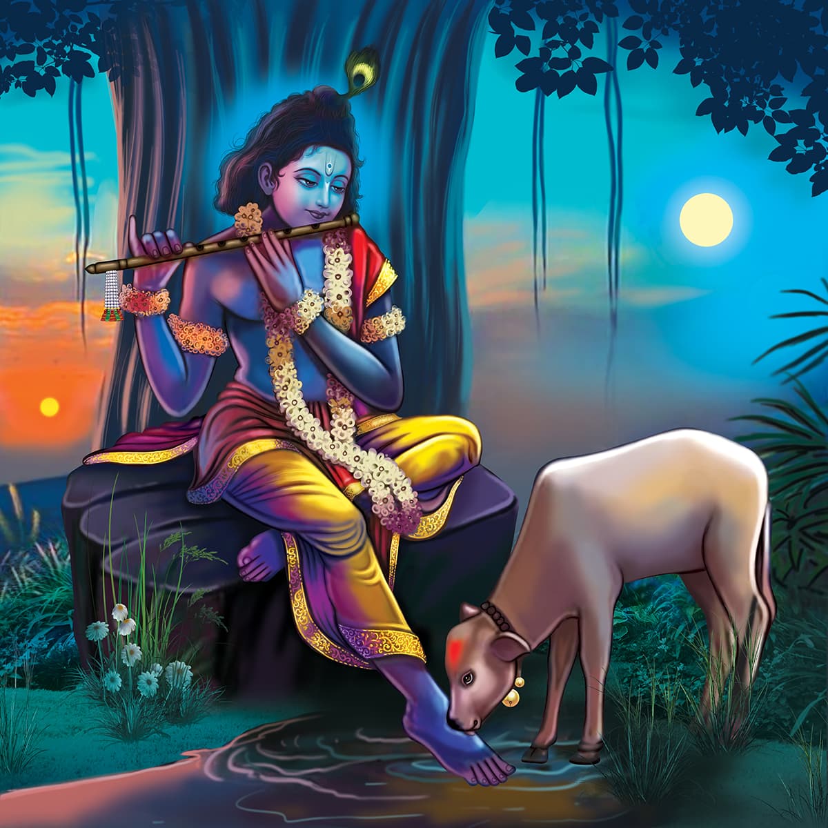 Krishna and Cow Pichwai Wallpaper pattern detail