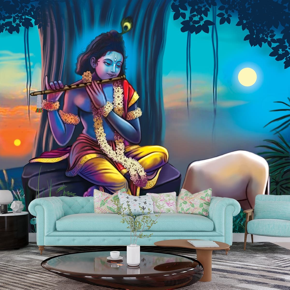 Krishna and Cow Pichwai Wallpaper shown in a room