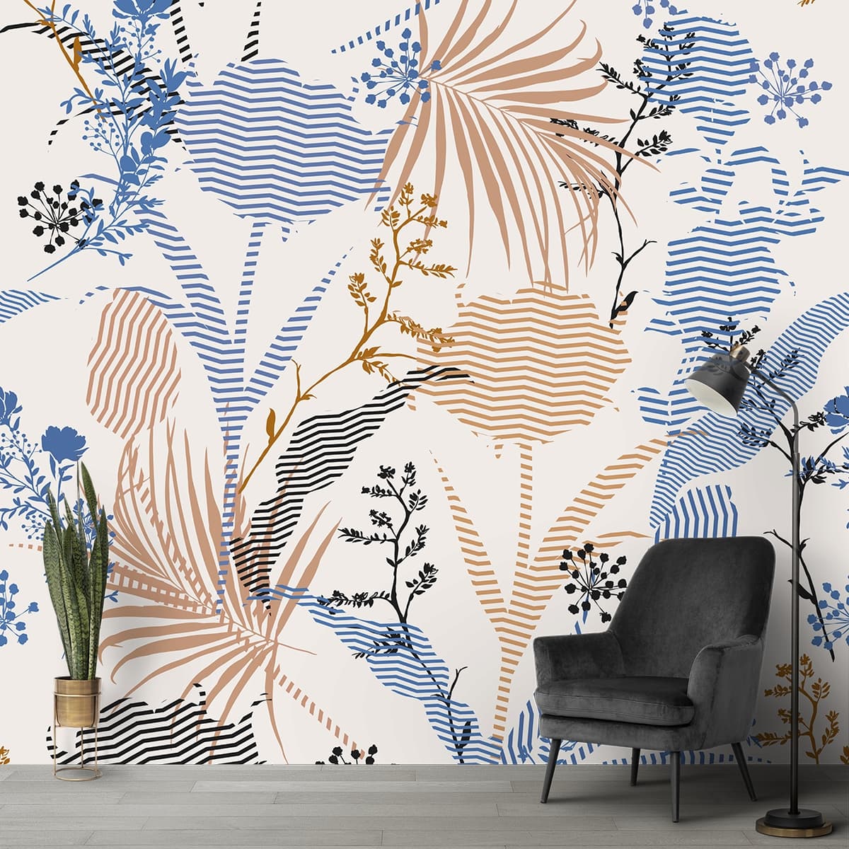 Botanical Flower and Leaf Decorative Wallpaper shown in a room