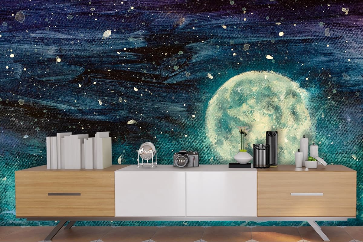 Painting of a moon in the sky wallpaper shown in a room
