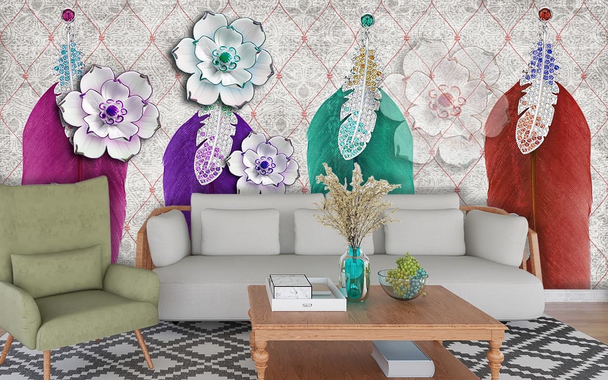 Premium Multicolor Feather Texture Wall Mural Wallpaper shown in a room