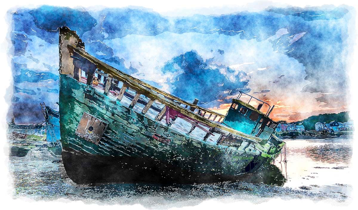 Peaceful boat drifting across calm water in art wallpaper pattern detail