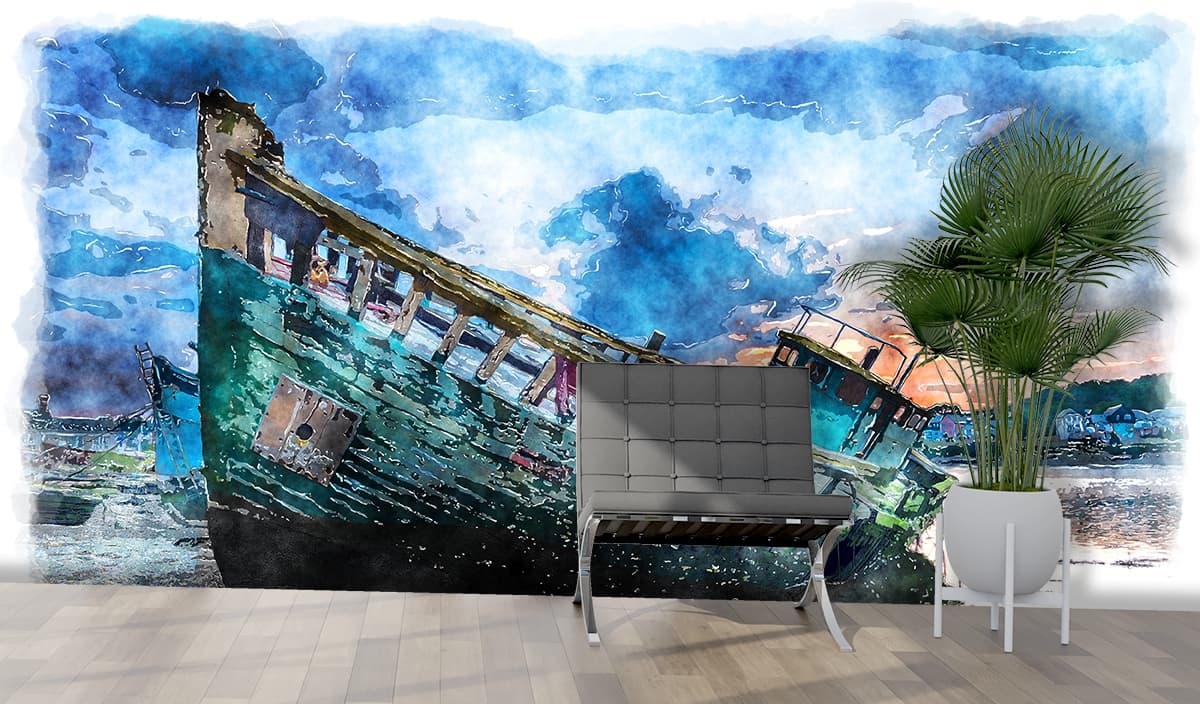 Peaceful boat drifting across calm water in art wallpaper shown in a room