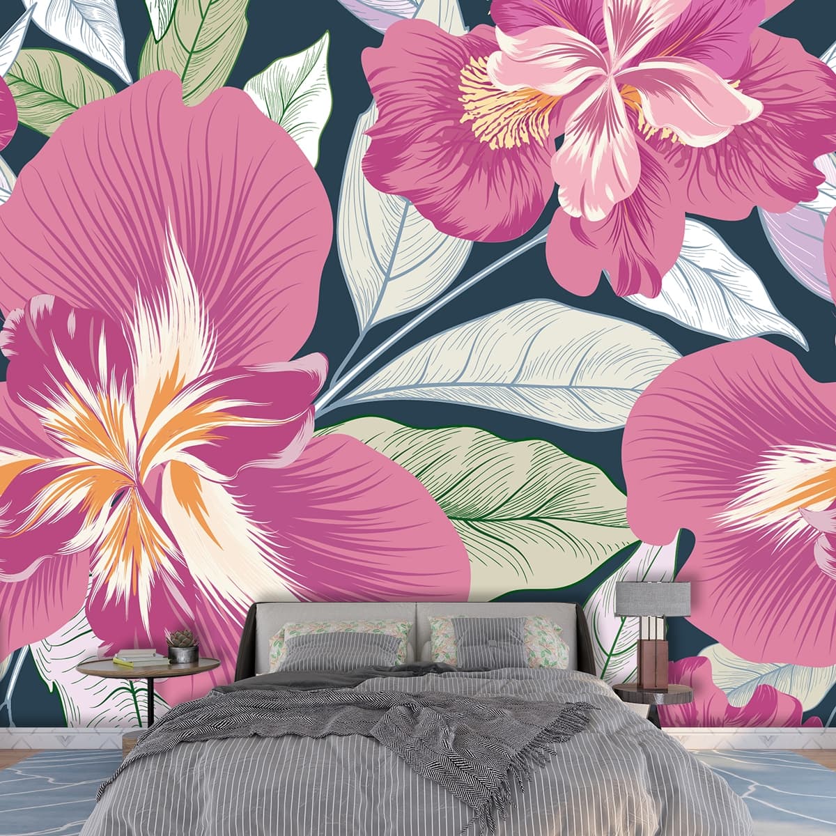 An Artistic Wallpaper for Wall of Pink Flowers and Leaves shown in a room