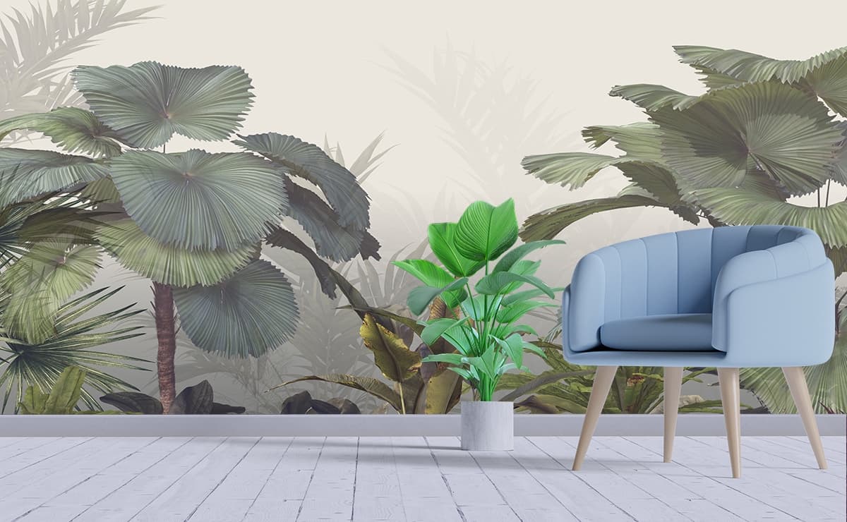 Foggy Forest Botanical Plants Aesthetic Nature Wallpaper shown in a room