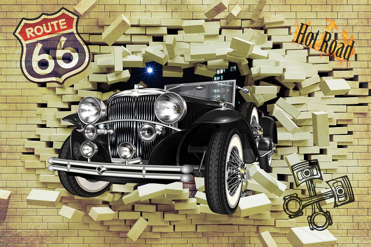 Modern 3D Effect Vintage Car for Garage Wall Wallpaper pattern detail