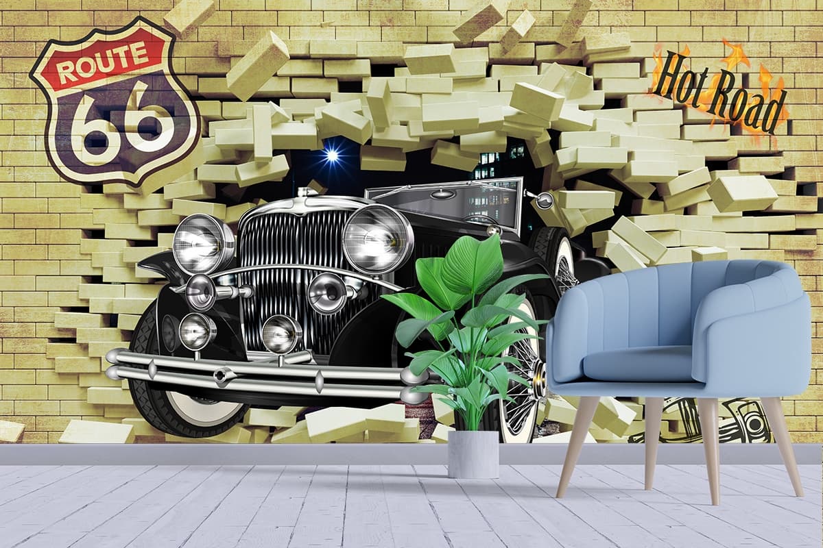 Modern 3D Effect Vintage Car for Garage Wall Wallpaper shown in a room