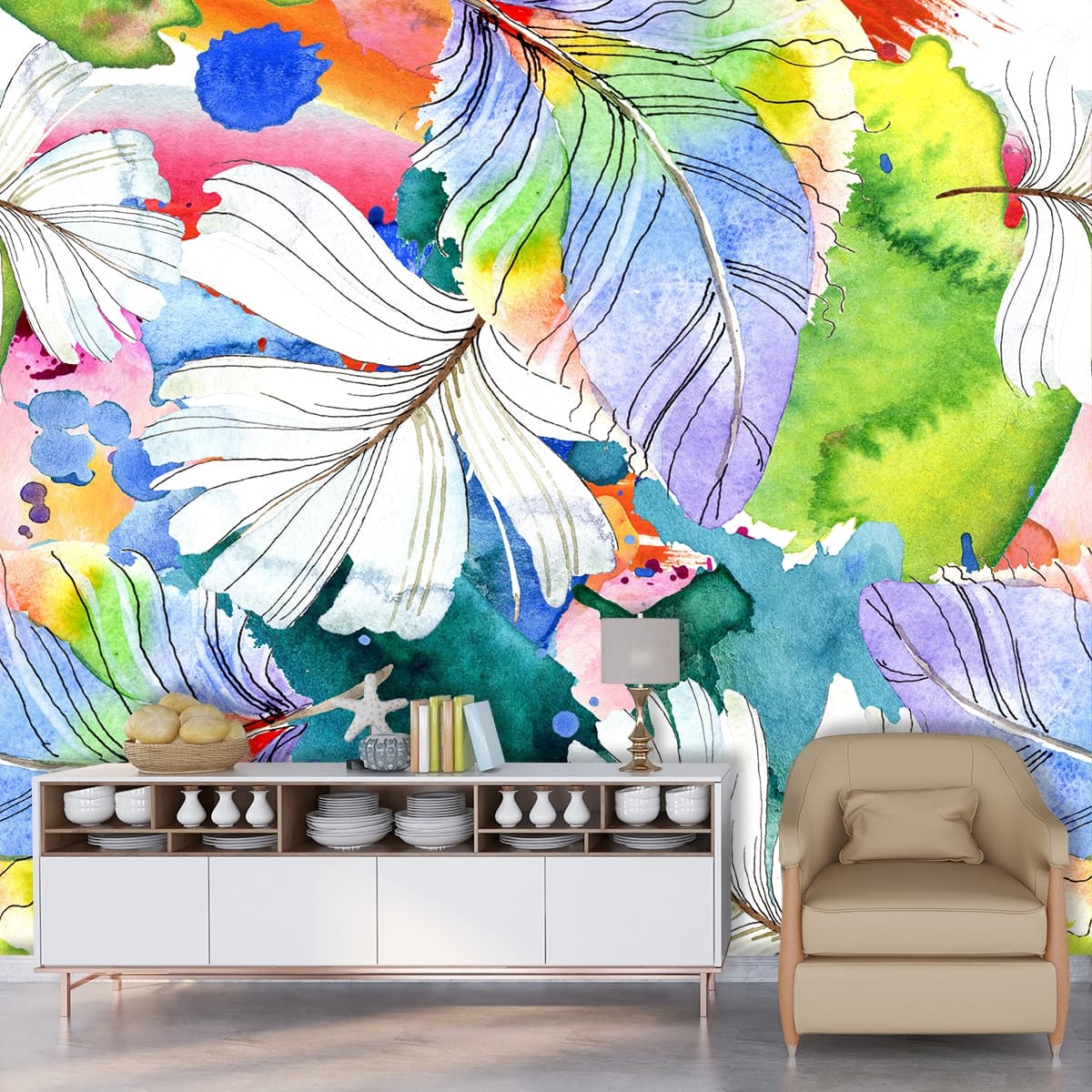Premium Colorful Feather Watercolor Wall Art Wallpaper shown in a room
