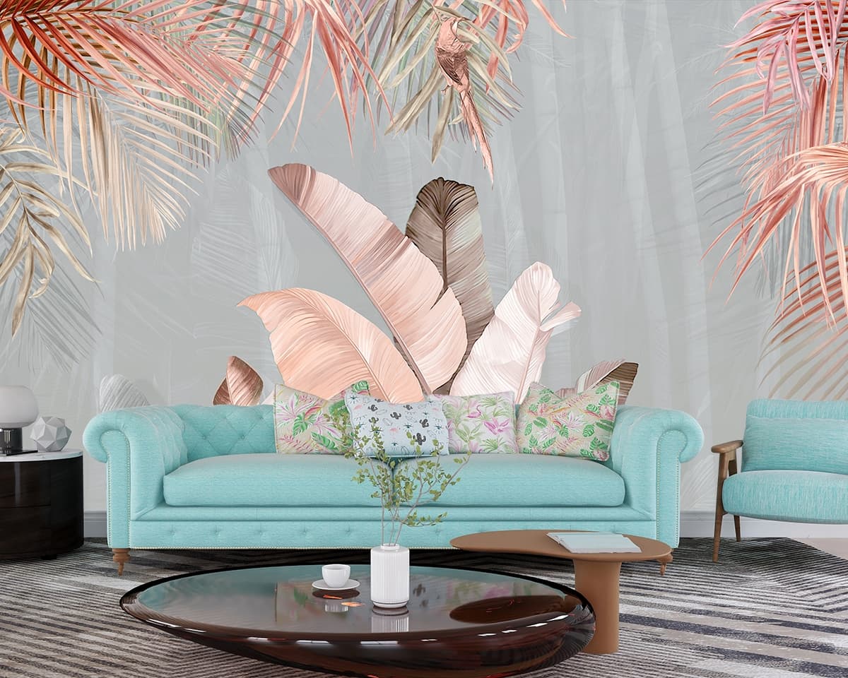 Beige Banana Leaf Serenity Wallpaper shown in a room