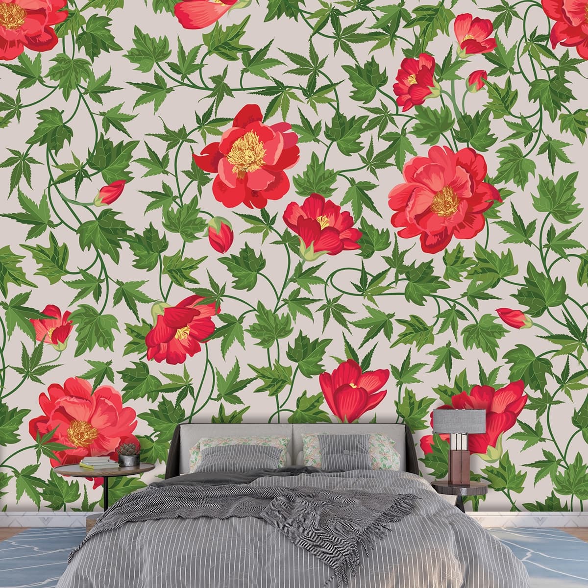 A pattern of red flowers and green leaves shown in a room