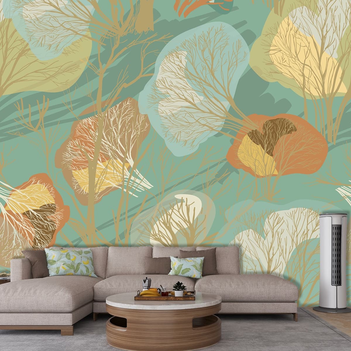 A pattern of trees and bushes shown in a room