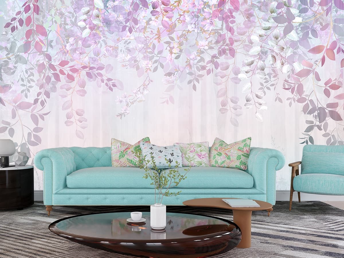 Floral Field with Leaves Botanical Design wallpaper shown in a room