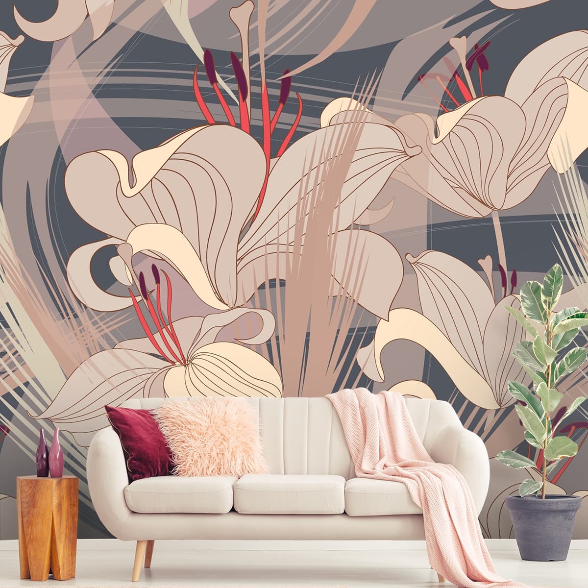 A Floral Pattern with Flowers shown in a room