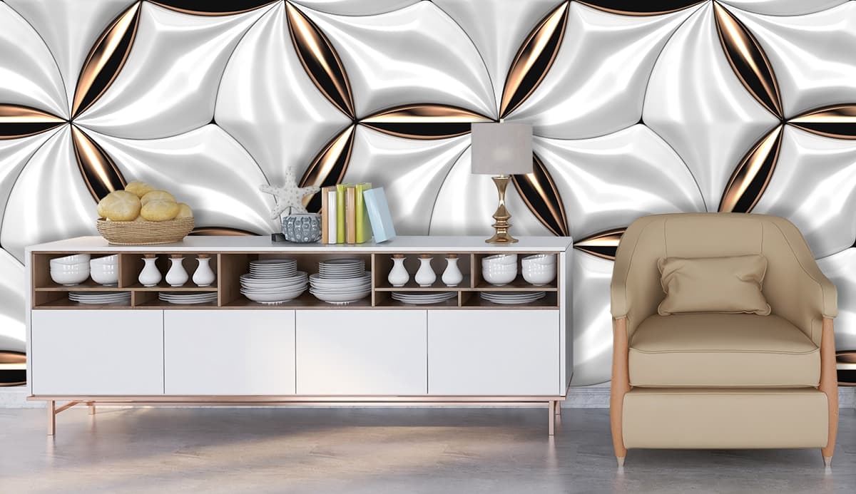 Enchanting White and Gold Tile Pattern Wallpaper shown in a room