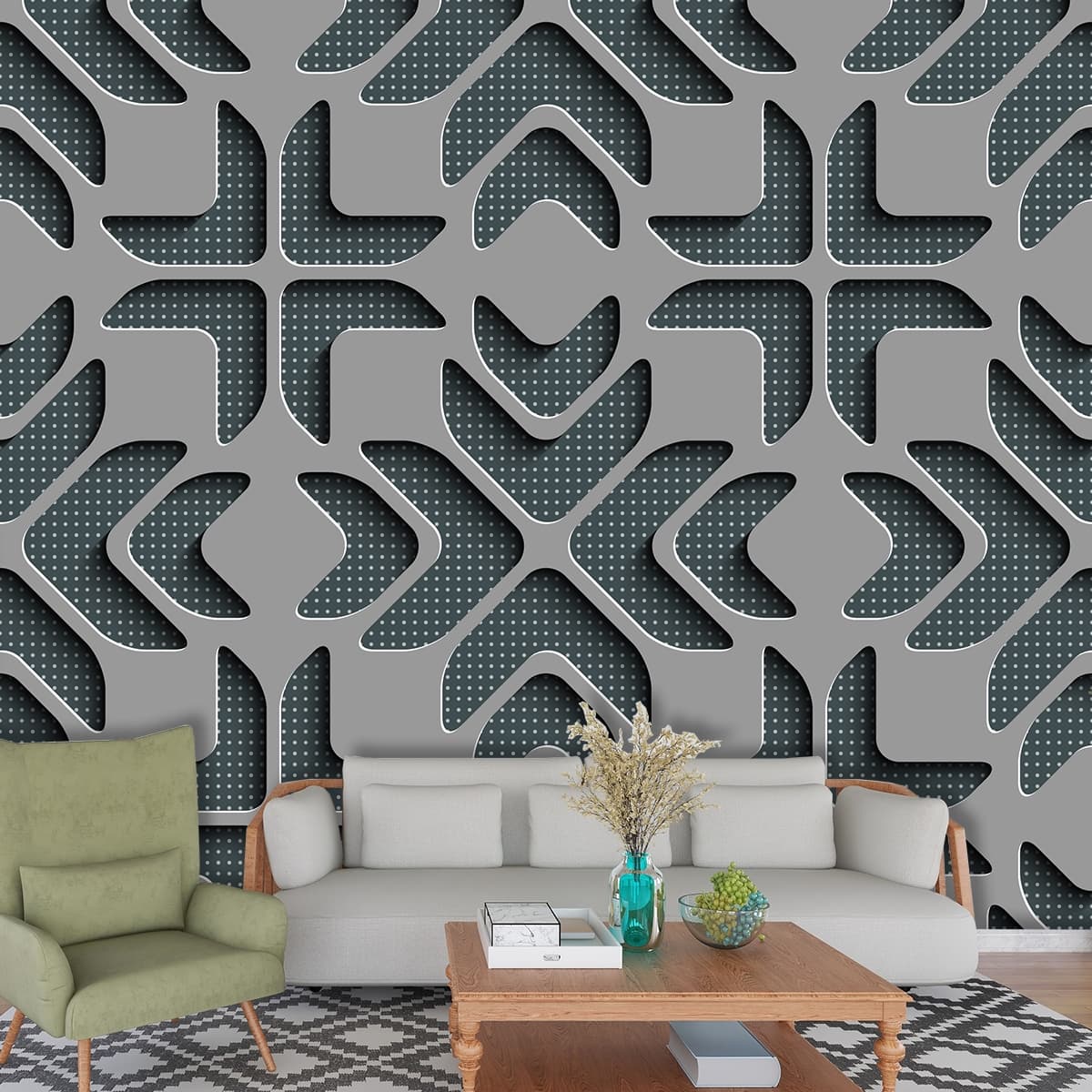 3D Effect Grey Pattern Wallpaper shown in a room