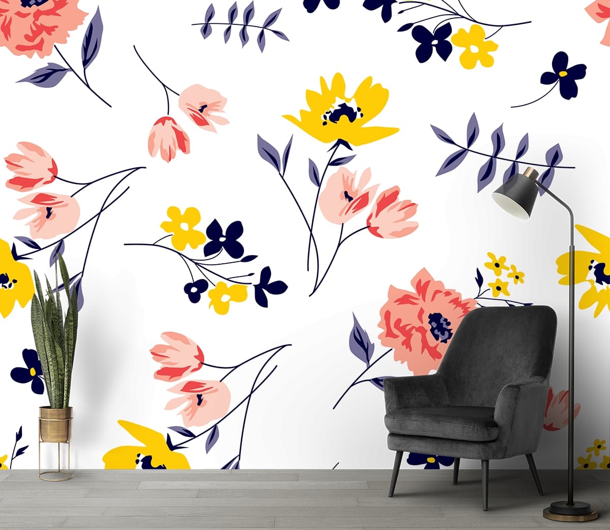 A Wallpaper Mural of Beautiful Flowers with White Background shown in a room