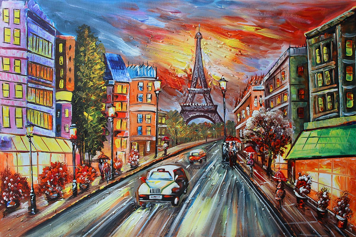 Handmade Style Paris Sunset and Tower Art Wallpaper pattern detail