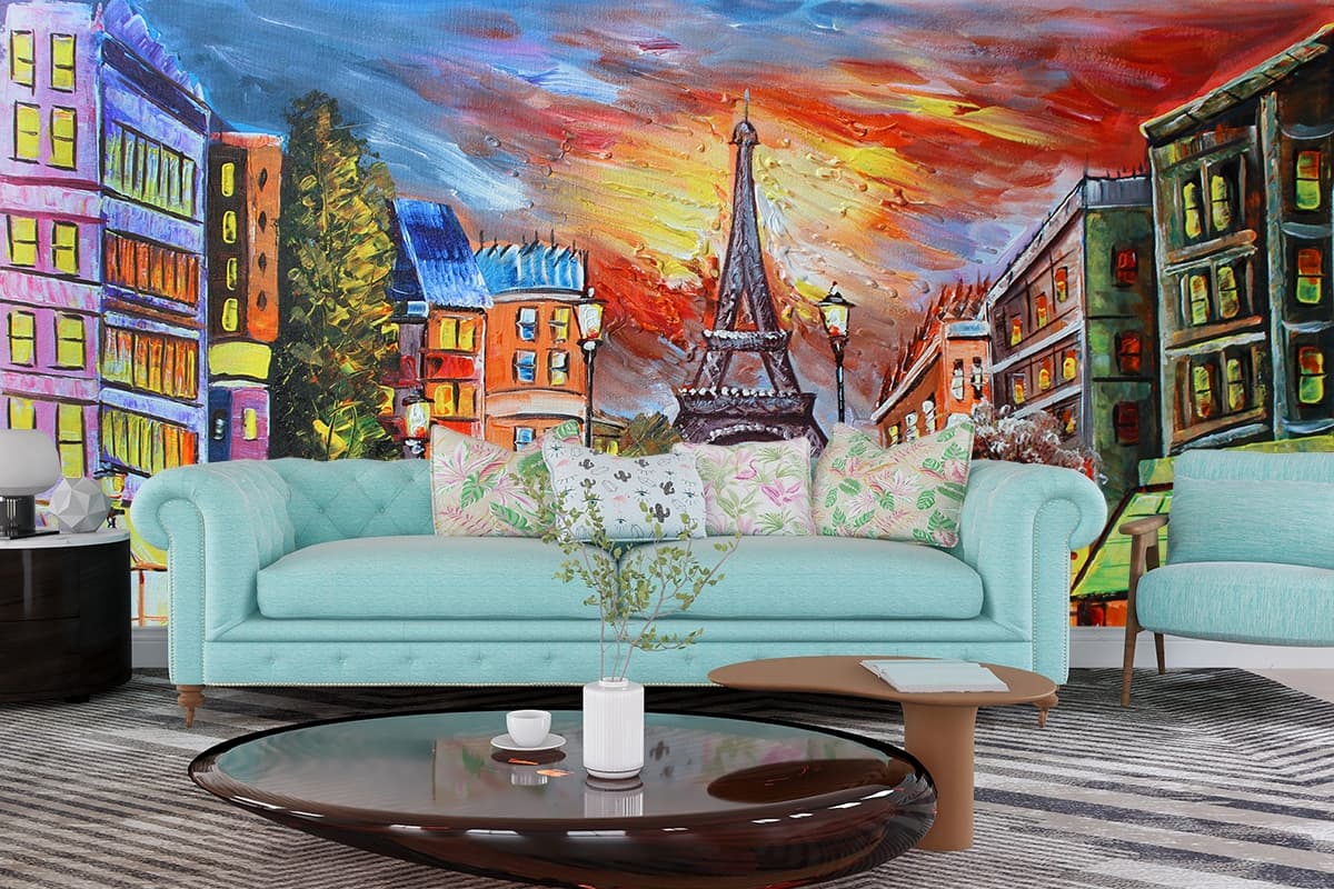 Handmade Style Paris Sunset and Tower Art Wallpaper shown in a room