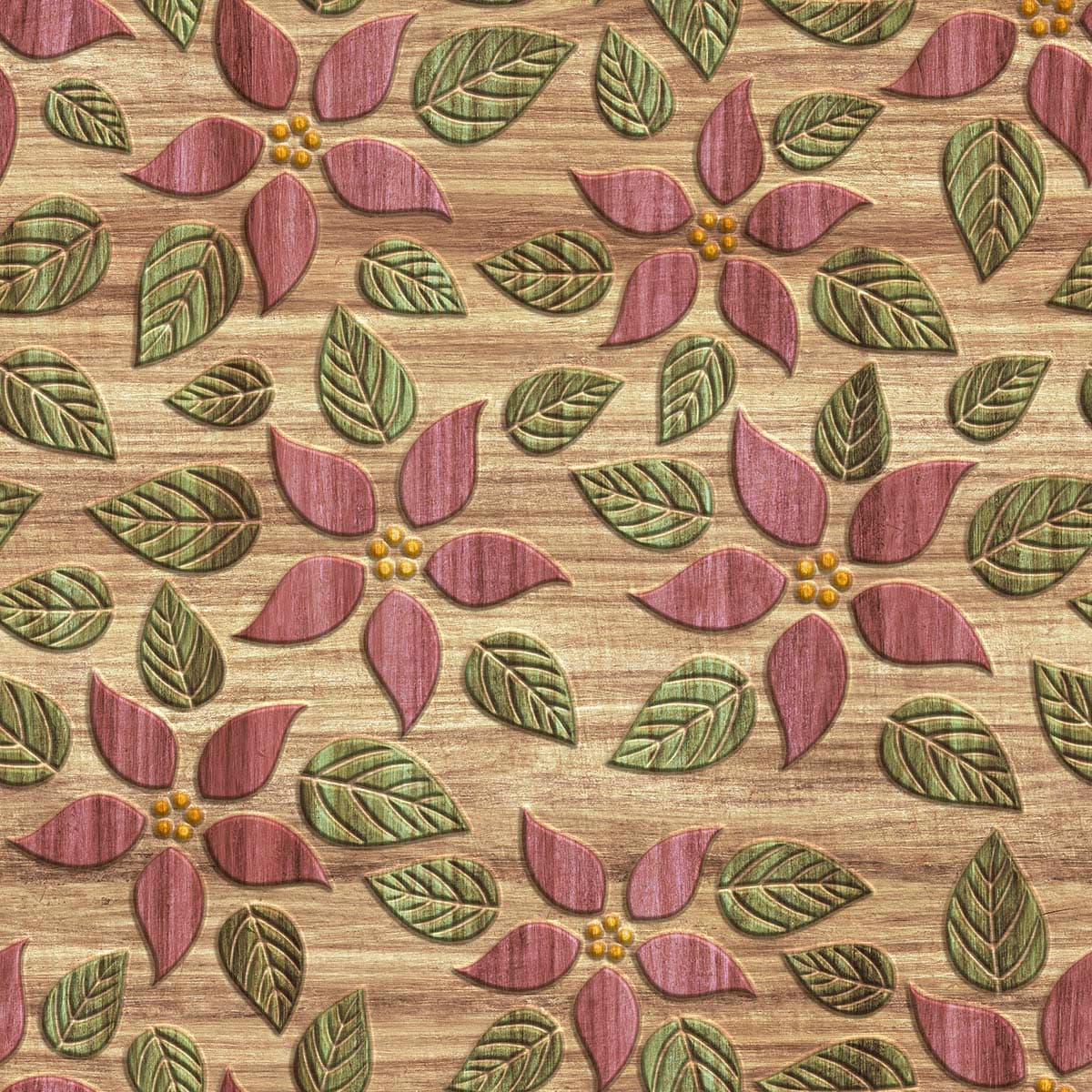 A pattern of flowers and leaves on a wood surface pattern detail