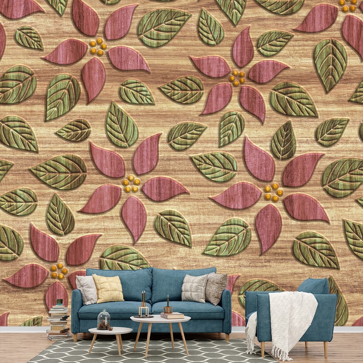 A pattern of flowers and leaves on a wood surface shown in a room