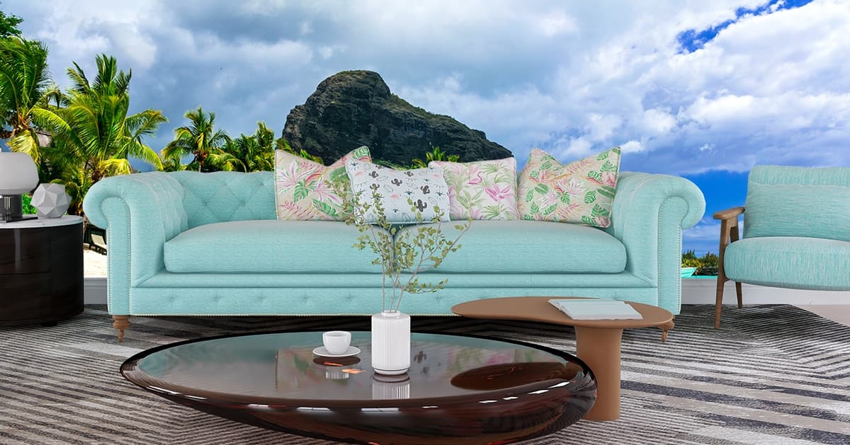 Beach with Palm Trees and Mountain Scenic Nature Wallpaper shown in a room