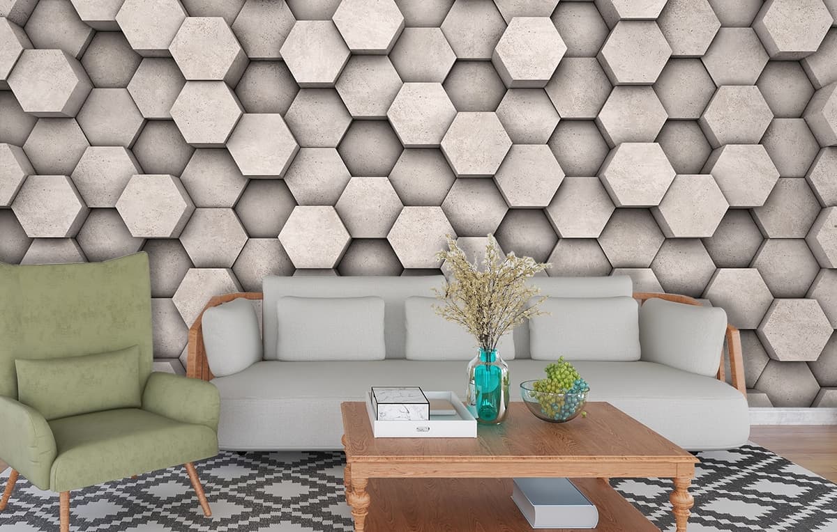 3D Hexagon Concrete Texture Modern Wall Design Wallpaper shown in a room