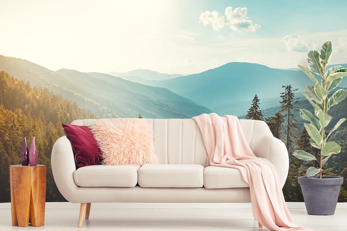 Landscape of Forest and Mountains Wallpaper shown in a room
