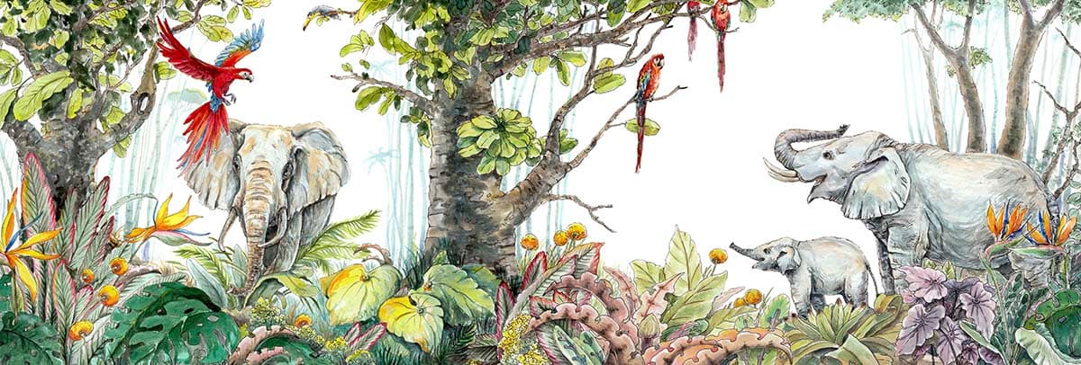 Tree with Plants and Birds Painting Nature wallpaper pattern detail