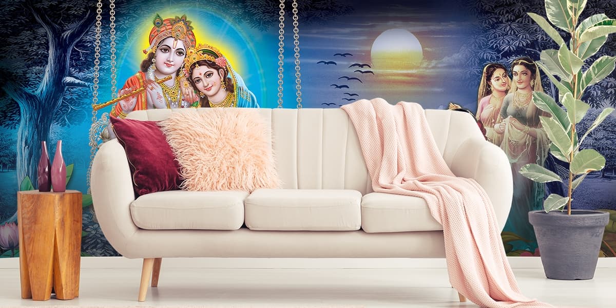 Radha Krishna Scenic Wallpaper shown in a room