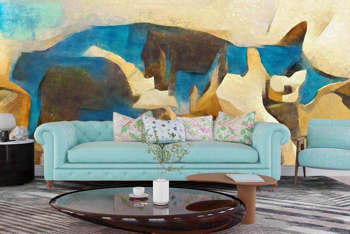 Whimsical Animals in a Blue Room Artistic Wall Design Wallpaper shown in a room