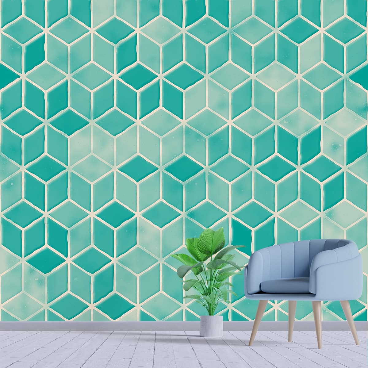 Traditional Blue and White Tile Pattern Decorative Wallpaper shown in a room