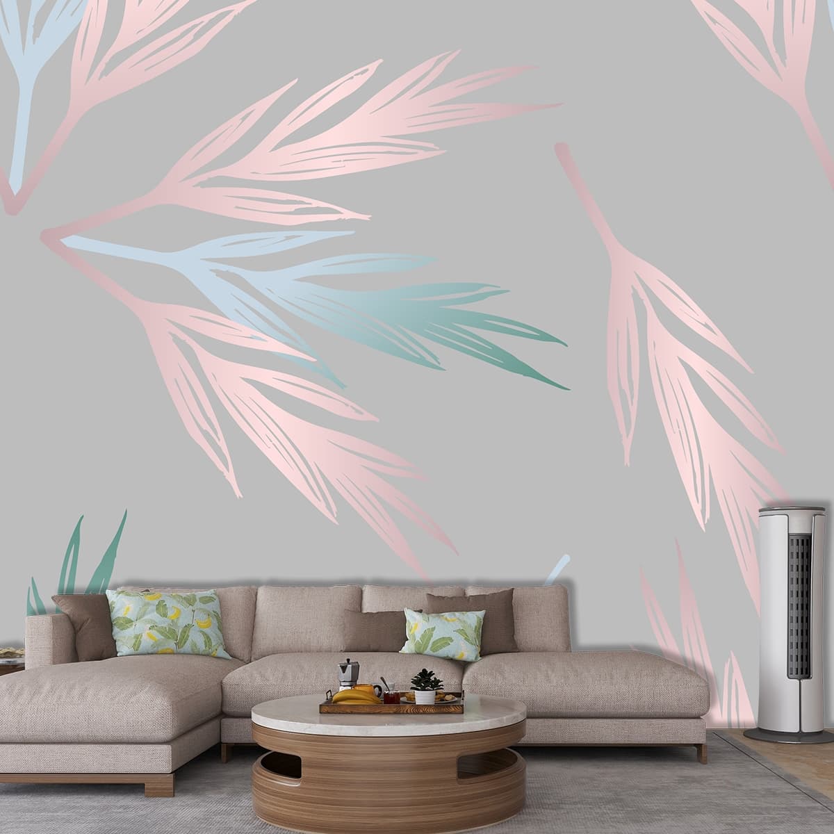 A pattern of leaves on a gray background shown in a room
