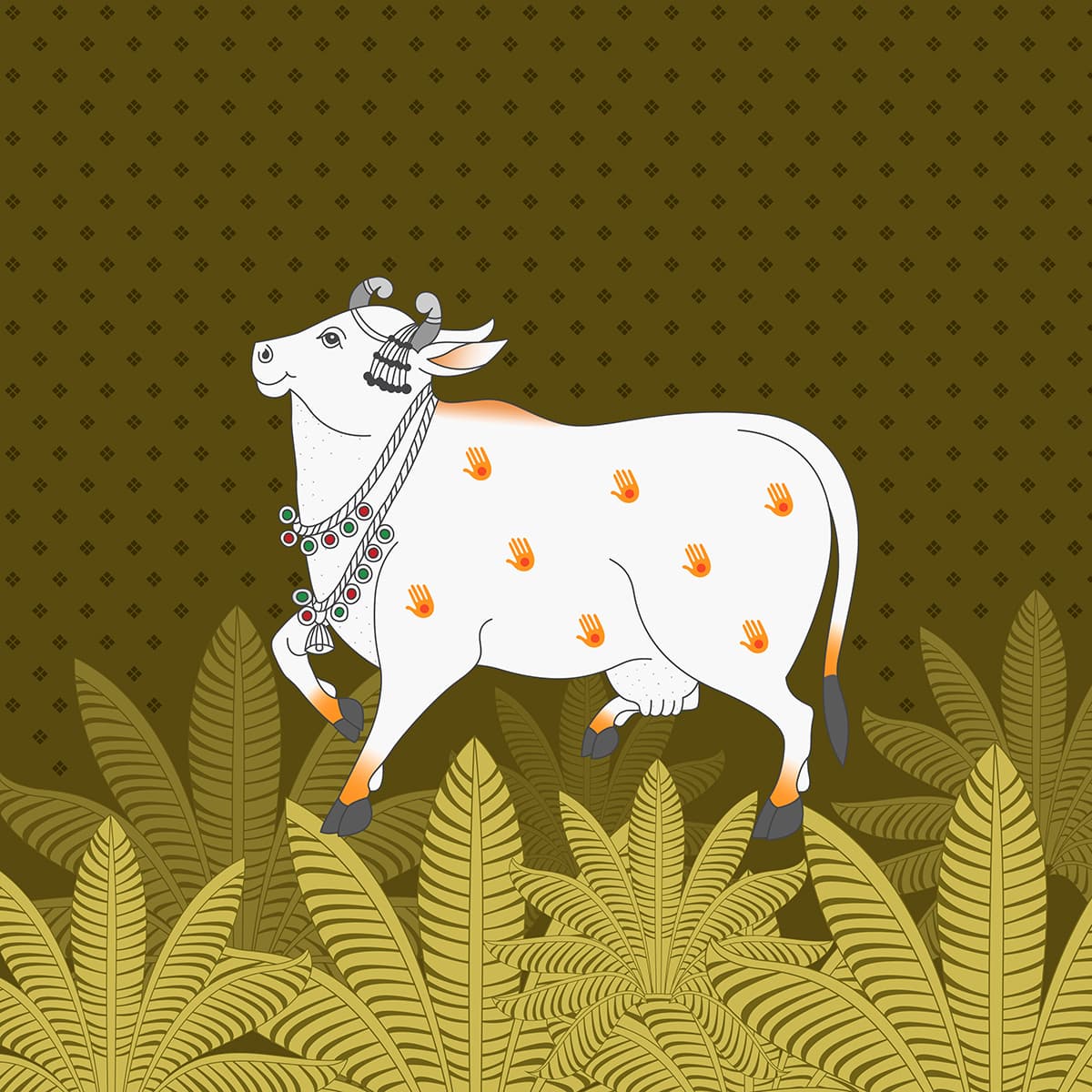 Cow with Palm Prints Pichwai Wallpaper pattern detail