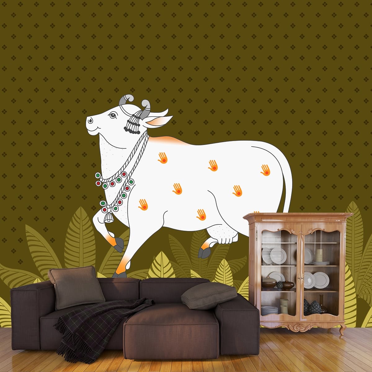 Cow with Palm Prints Pichwai Wallpaper shown in a room