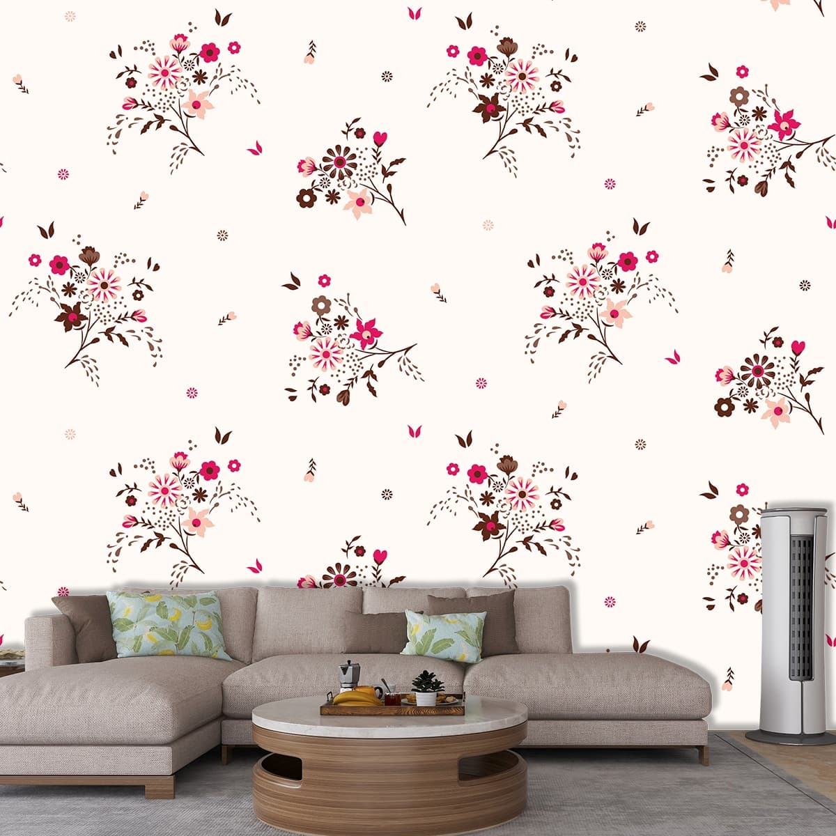 A pattern of small flowers shown in a room