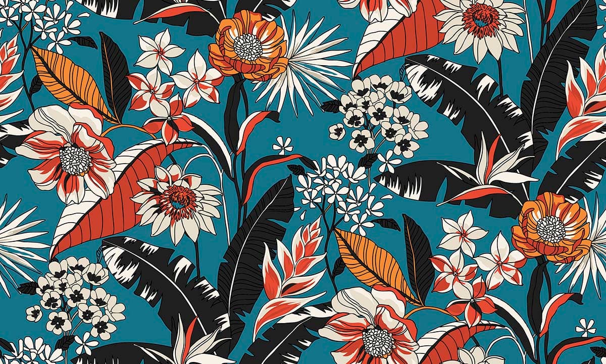A colorful floral pattern on a blue background pattern detail
