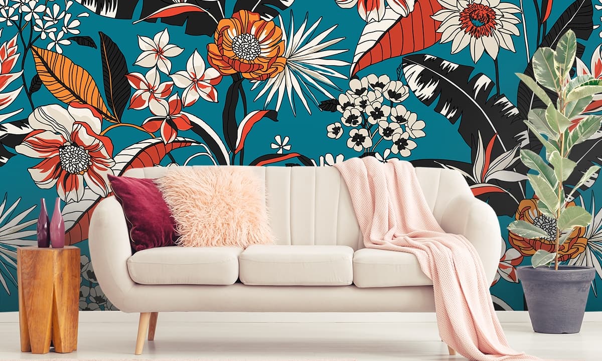 A colorful floral pattern on a blue background shown in a room