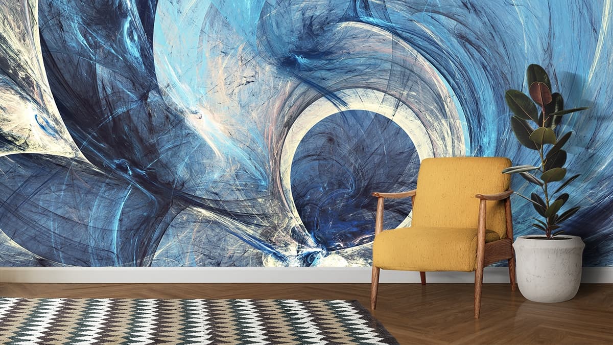 Blue and White Swirls Abstract Wallpaper shown in a room