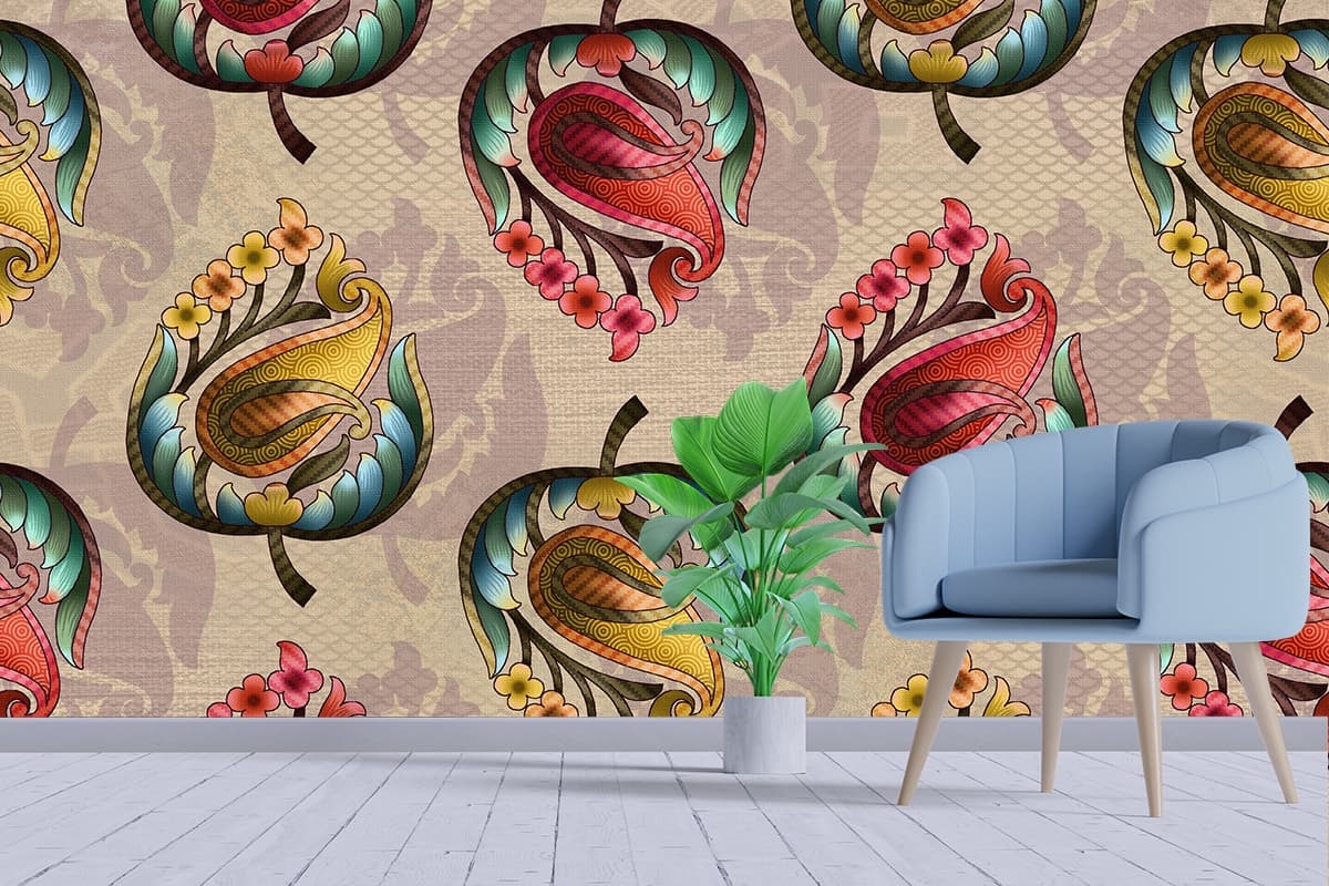 A pattern of colorful flowers and leaves shown in a room