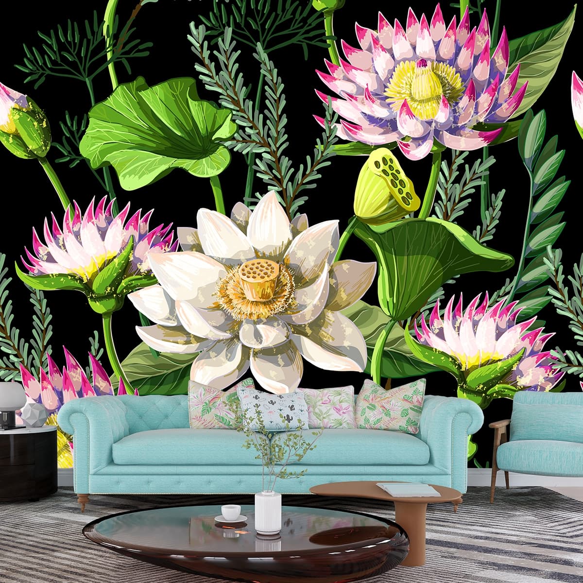 Vintage Botanical Flowers Close-Up Wallpaper shown in a room