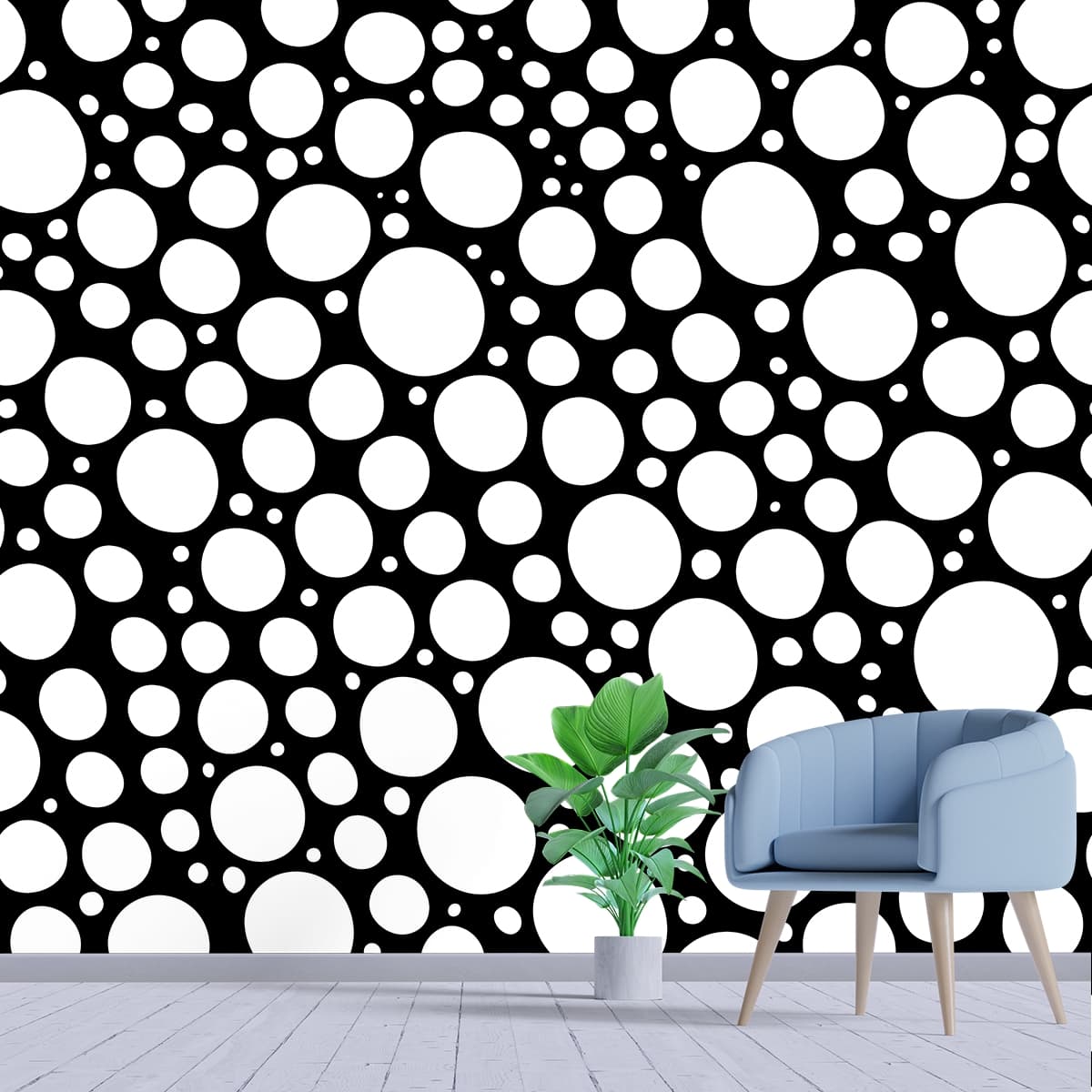 Black and White Cirlce Pattern Wallpaper shown in a room