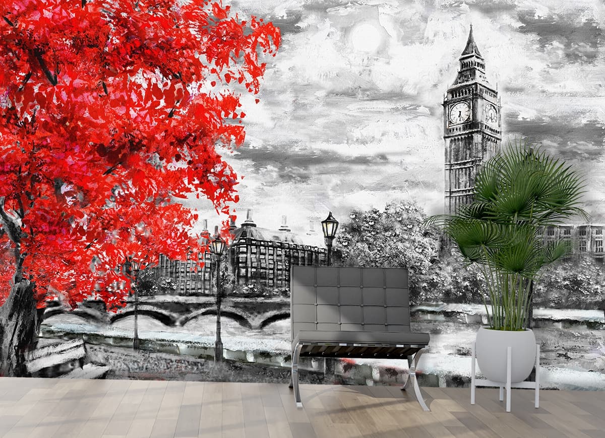Clock Tower in Park Drawing Style Wallpaper shown in a room